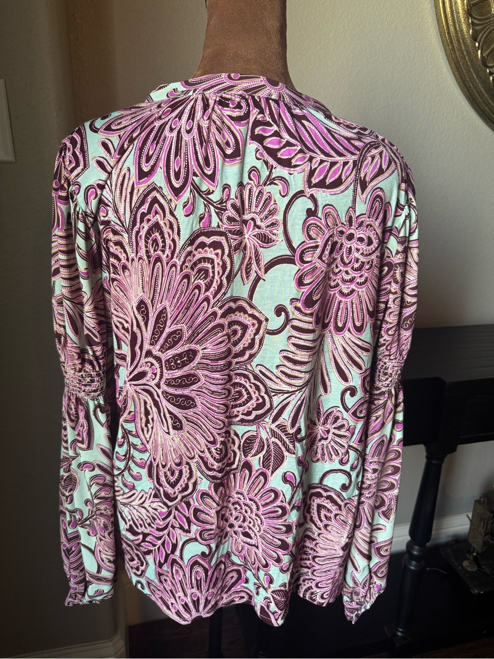 LOFT NWT Paisley Floral Blouse Size Small Mint Purple Split Neck Long Sleeve - Picture 7 of 12